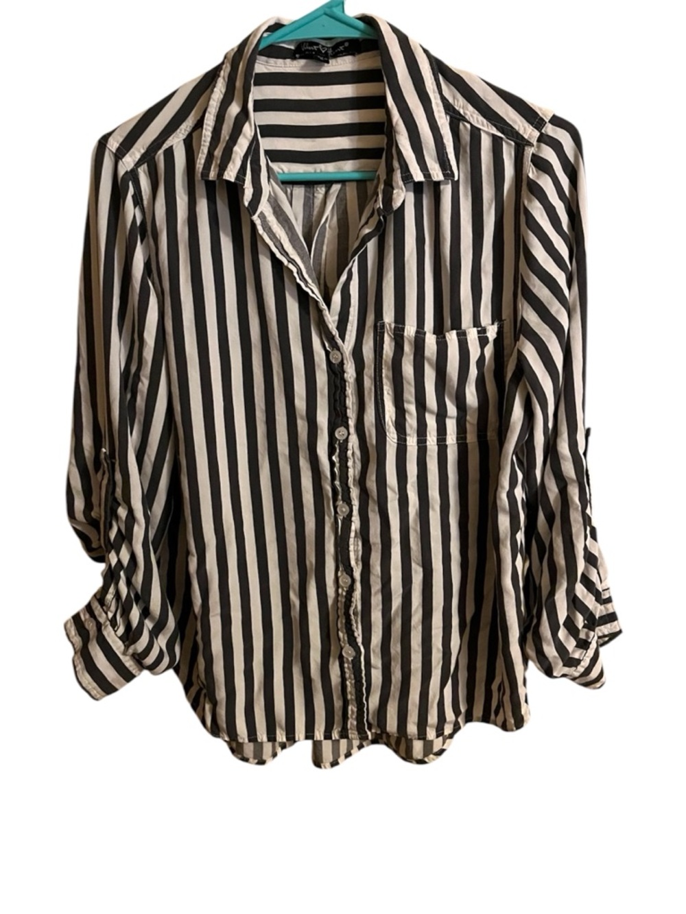 Velvet Heart Striped Button Down Shirt Large L Black White Roll Tab Sleeve